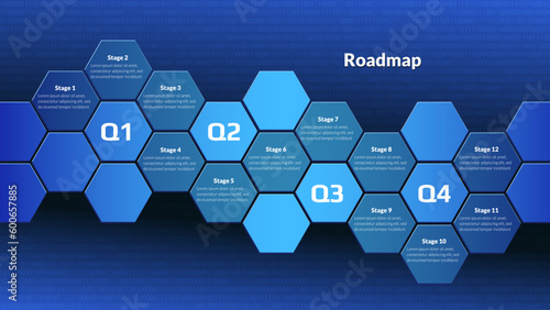 Horizontal roadmap with honeycombs on digital blue background. Timeline infographic template for business presentation. Vector.