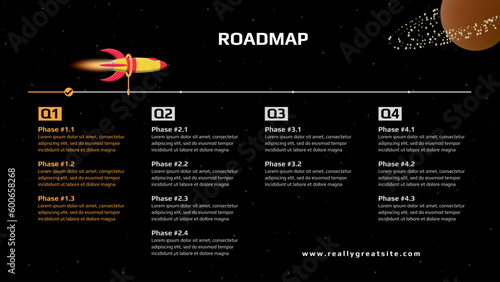 Horizontal quarterly roadmap with rocket and milestones on space black background. Timeline infographic template for business presentation.