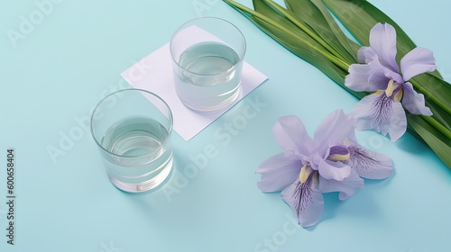  two glasses of water and a flower on a blue background.  generative ai
