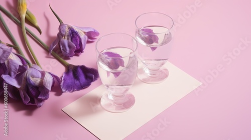  two glasses of water and purple flowers on a pink background.  generative ai