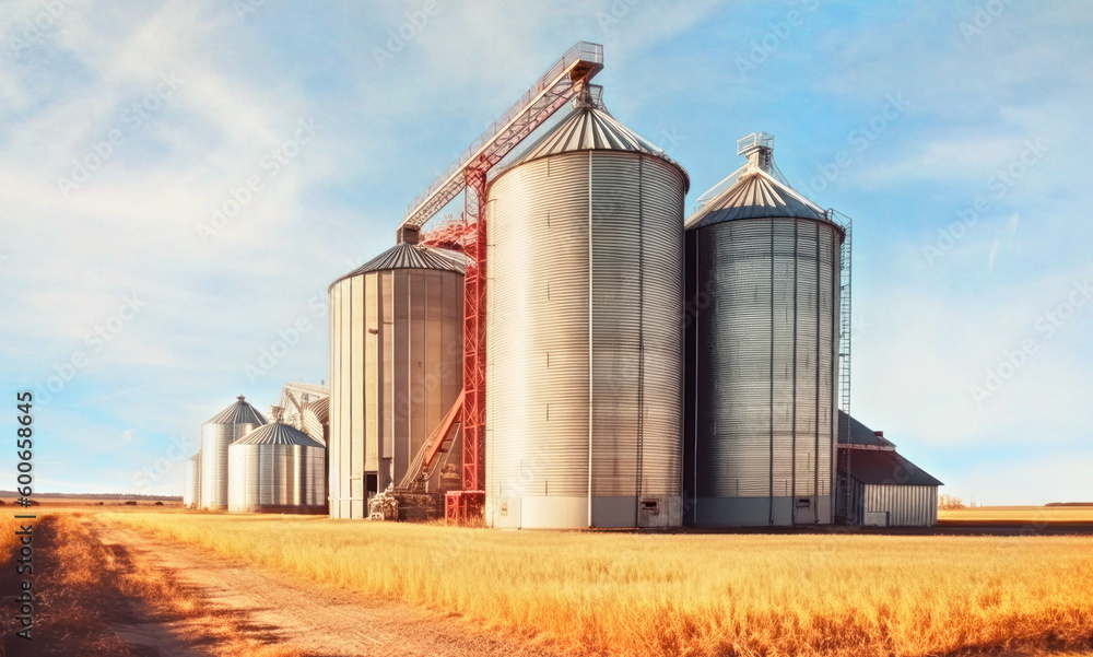 Sun lit grain silo, countryside with wheat field foreground rural scene, agriculture concept. Generative AI