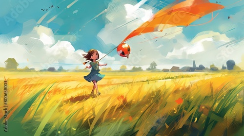  a painting of a girl flying a kite in a field. generative ai