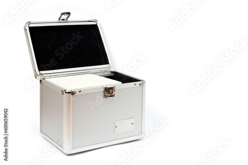 Nickel-plated metal chest with a lock for CDs or other things and jewelry.