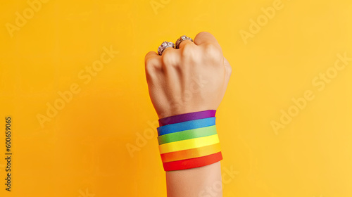 Fist hand with gay pride rainbow flag wristband with Generative AI Technology