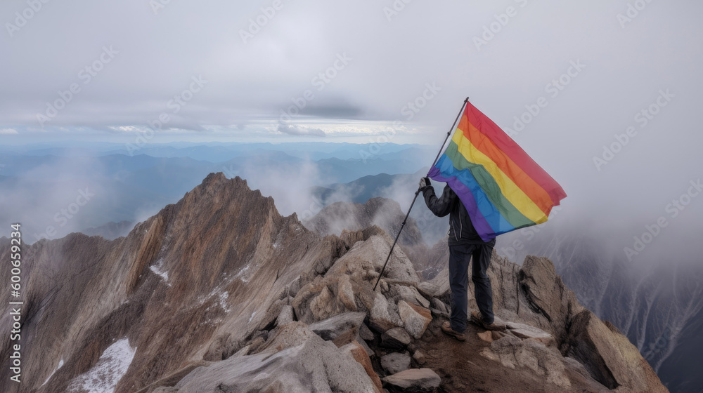 Obraz premium Person standing with rainbow flag on top of mountain with Generative AI Technology