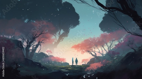  two people standing in the middle of a forest at sunset.  generative ai