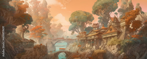 a fantasy landscape with a waterfall, in the style of terraced cityscapes, generative AI © Kien
