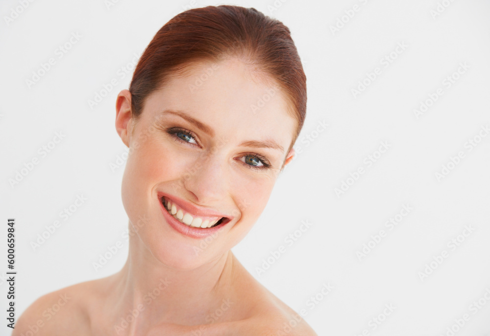 Skincare, beauty and portrait of woman in studio for cosmetics, wellness and facial on white background. Dermatology, spa and happy face of female person with natural makeup, smooth and health skin Skincare, beauty and portrait of woman in studio for cosmetics, wellness and facial on white background. Dermatology, spa and happy face of female person with natural makeup, smooth and health skin