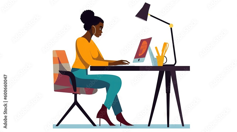  a woman is sitting at a desk with a laptop and a lamp.  generative ai