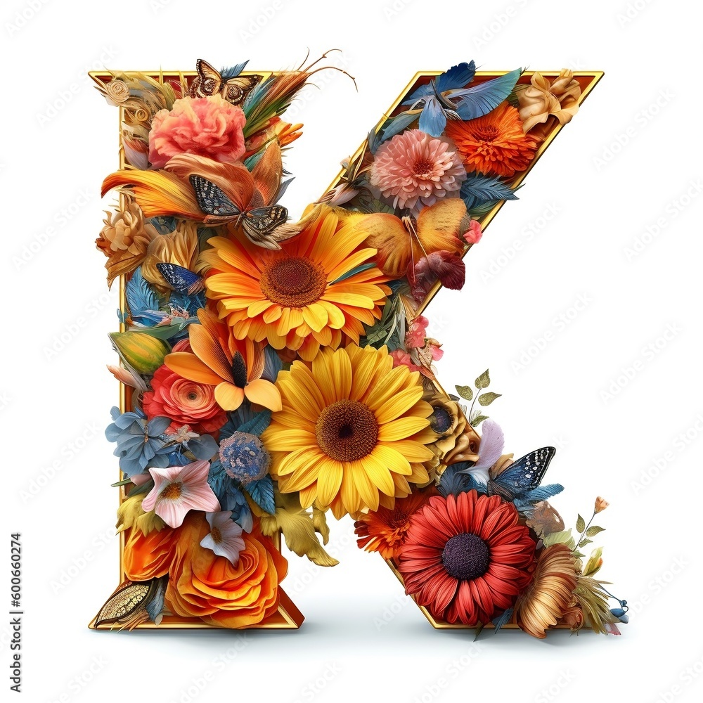 Floral and sunflower, colorful illustration letter K. Generative AI