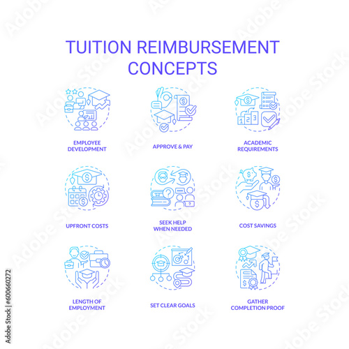Tuition reimbursement blue gradient concept icons set. Employee benefit. Financial assistance. Tuition money. Student loan. Education assistance idea thin line color illustrations. Isolated symbols