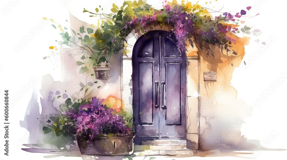  a watercolor painting of a doorway with a potted plant next to it.  generative ai