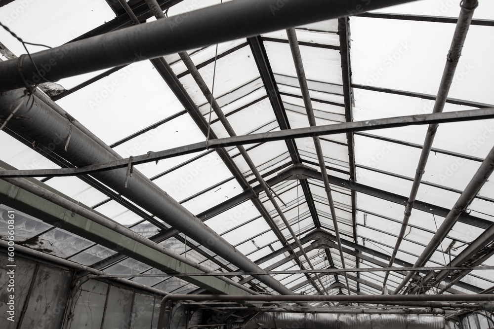 Metal frames inside the greenhouse.