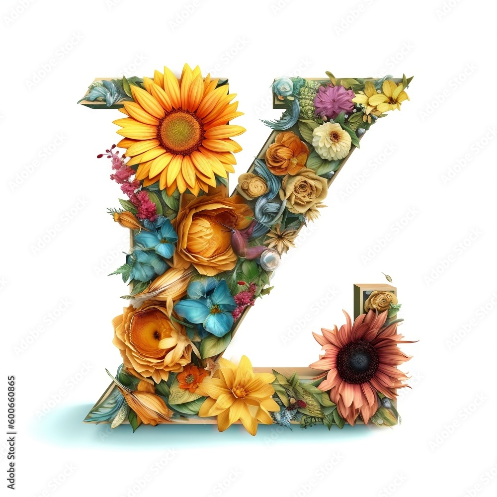 Floral and sunflower, colorful illustration letter K. Generative AI