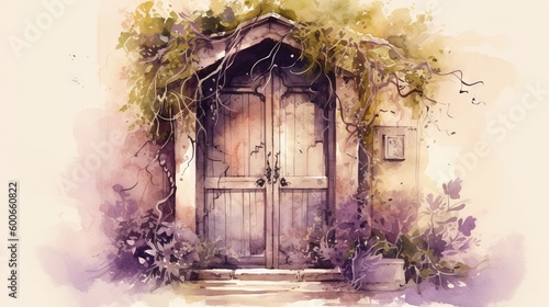  a watercolor painting of a door with vines growing over it.  generative ai