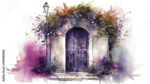  a watercolor painting of a doorway with a lamp post.  generative ai © Shanti