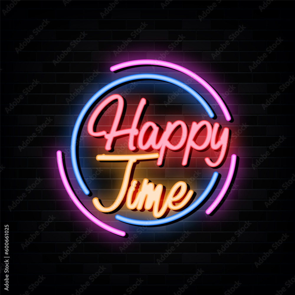 Happy Time Neon Signs Vector. Design Template Neon Style