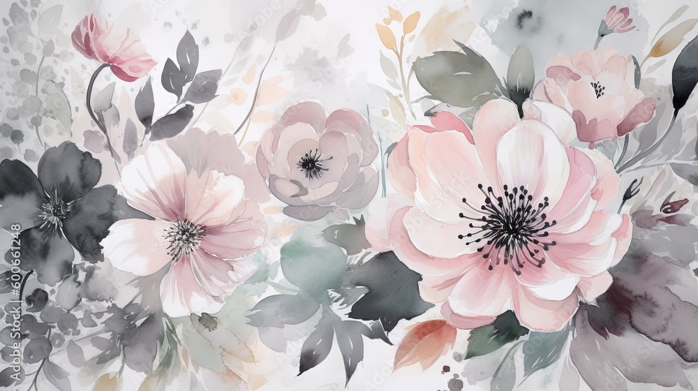  a painting of pink flowers on a white background with black and grey leaves.  generative ai