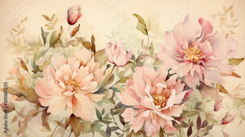  a painting of pink flowers with green leaves on a beige background. generative ai