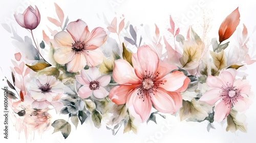  a watercolor painting of pink flowers and leaves on a white background. generative ai