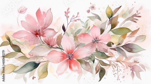  a watercolor painting of pink flowers and leaves on a white background. generative ai