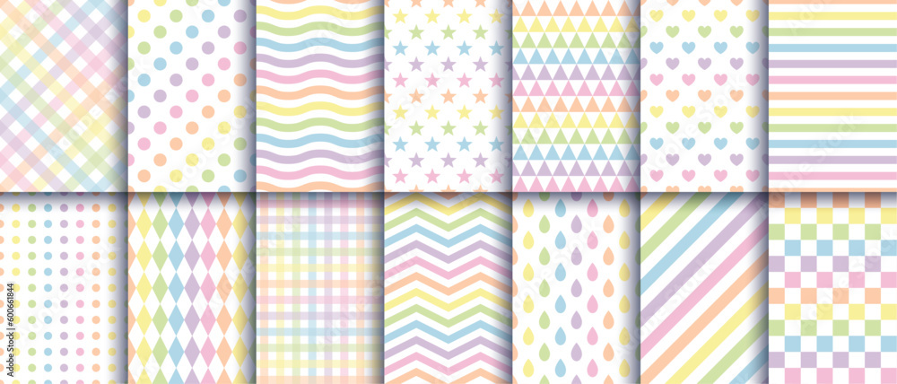 Set of 14 vector geometric seamless pattern with diagonal and stripes, zigzag,wave, line, star,heart,triangle,sqaure in ombre rainbow color. vector for print , fabric, web, card.