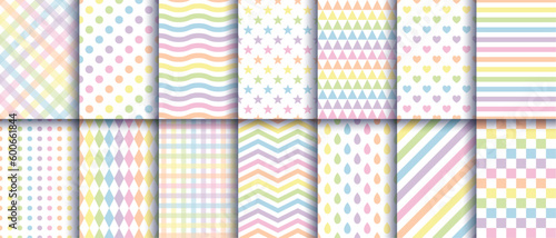 Set of 14 vector geometric seamless pattern with diagonal and stripes, zigzag,wave, line, star,heart,triangle,sqaure in ombre rainbow color. vector for print , fabric, web, card.
