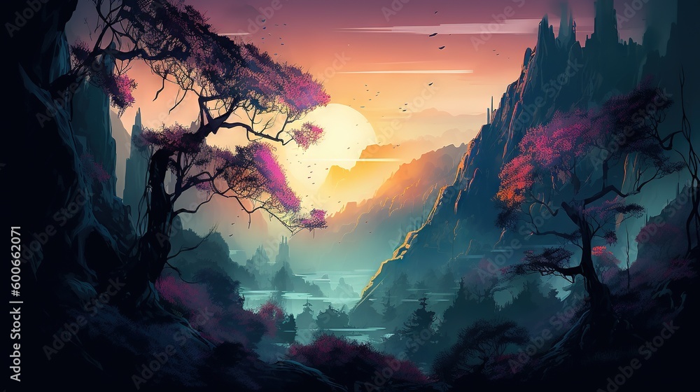  a painting of a mountain landscape with a sunset in the background.  generative ai
