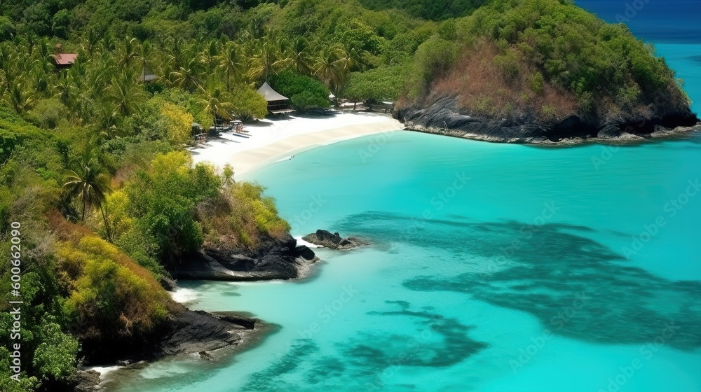  an aerial view of a tropical island with a sandy beach.  generative ai