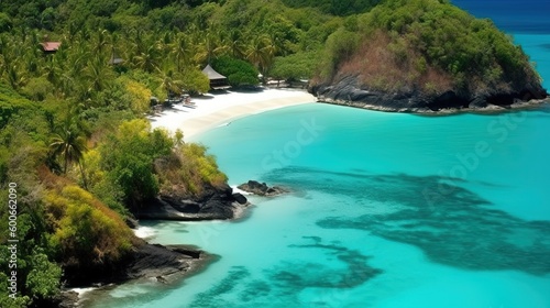  an aerial view of a tropical island with a sandy beach.  generative ai © Shanti