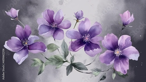  a painting of purple flowers with green leaves on a gray background.  generative ai © Shanti