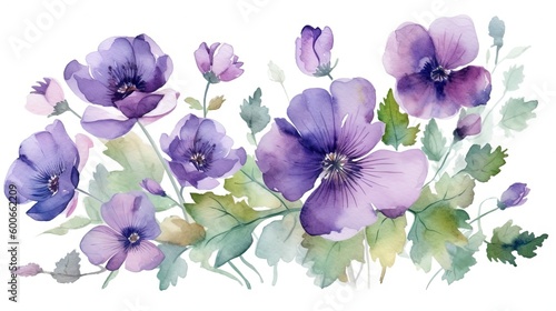  a watercolor painting of purple flowers and leaves on a white background. generative ai
