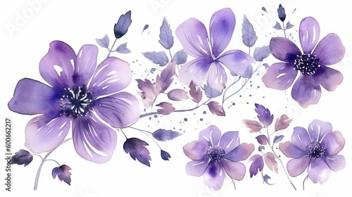  a watercolor painting of purple flowers and leaves on a white background. generative ai