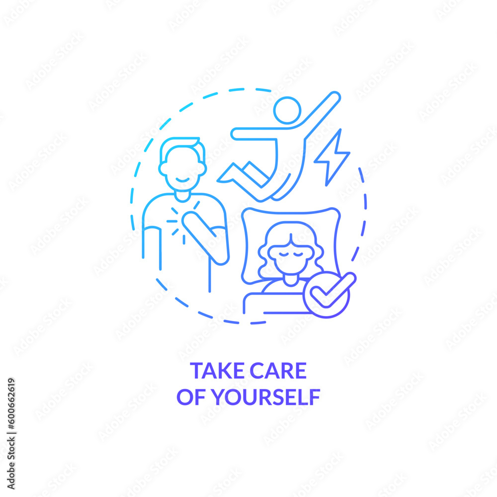 Take care of yourself blue gradient concept icon. Healthy lifestyle. Self care. Treat yourself. Reduce stress. Mental health abstract idea thin line illustration. Isolated outline drawing