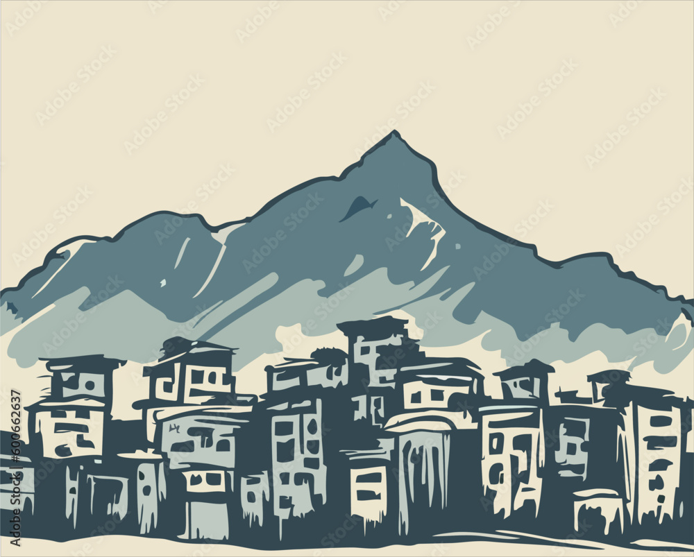 abstract illustration design, hand drawn, countryside in nepal country with himalaya mountains in the background