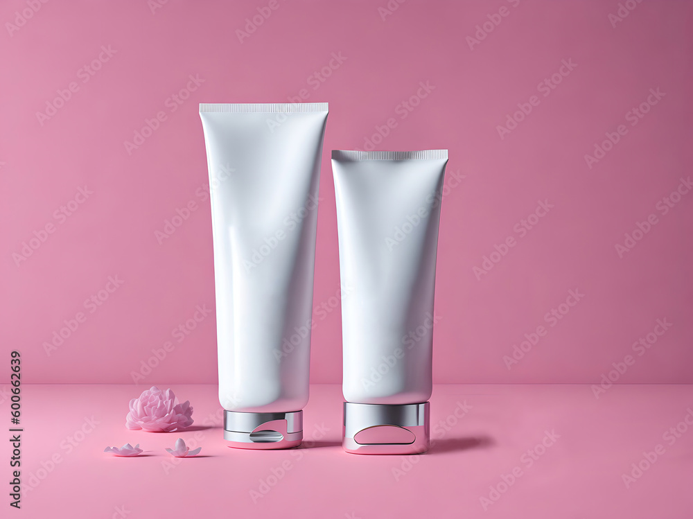 Blank cosmetic tube mockup on pink background. 3d rendering. generated AI Blank cosmetic tube mockup on pink background. 3d rendering. generated AI