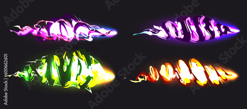 Tornado game vortex ui vfx. Storm blast trail cartoon vector spell effect. Isolated flash wind energy for mobile interface. Magician vibrant powerful wizard force tunnel asset clipart orange and green