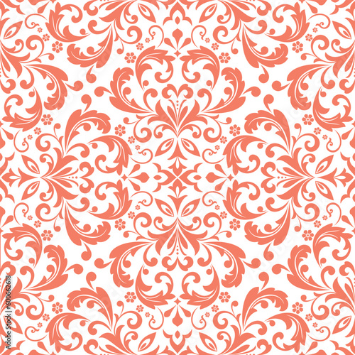 Wallpaper in the style of Baroque. Seamless vector background. White and pink floral ornament. Graphic pattern for fabric, wallpaper, packaging. Ornate Damask flower ornament