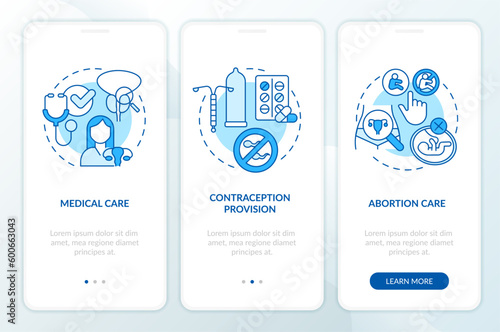 Womens sexual and reproductive health blue onboarding mobile app screen. Walkthrough 3 steps editable graphic instructions with linear concepts. UI, UX template. Myriad Pro-Bold, Regular fonts used