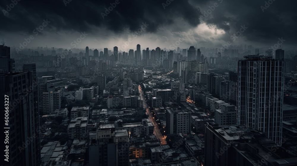  a dark cityscape with a dark sky and dark clouds.  generative ai