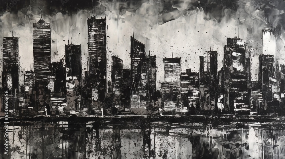  a black and white painting of a cityscape in the rain.  generative ai