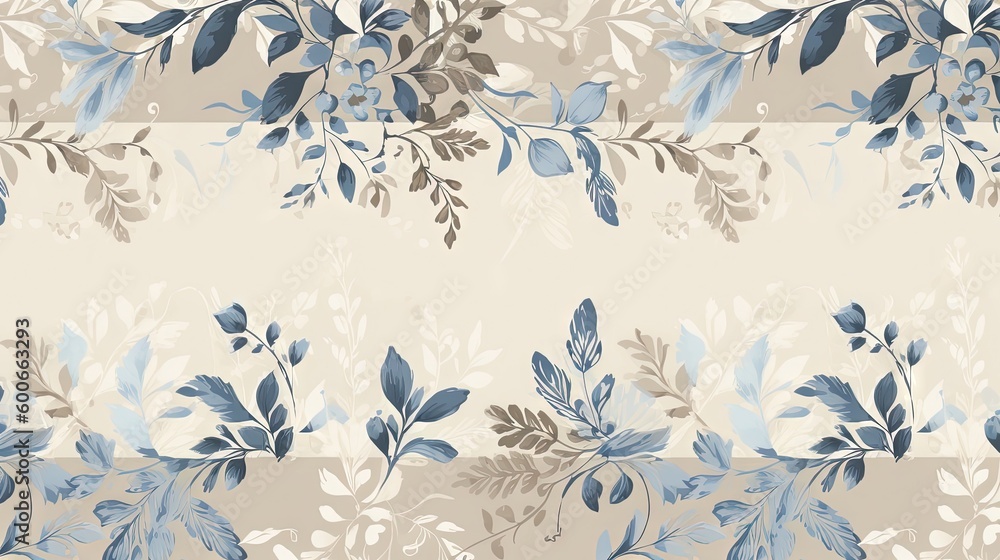  a floral wallpaper with blue and grey leaves on a beige background.  generative ai