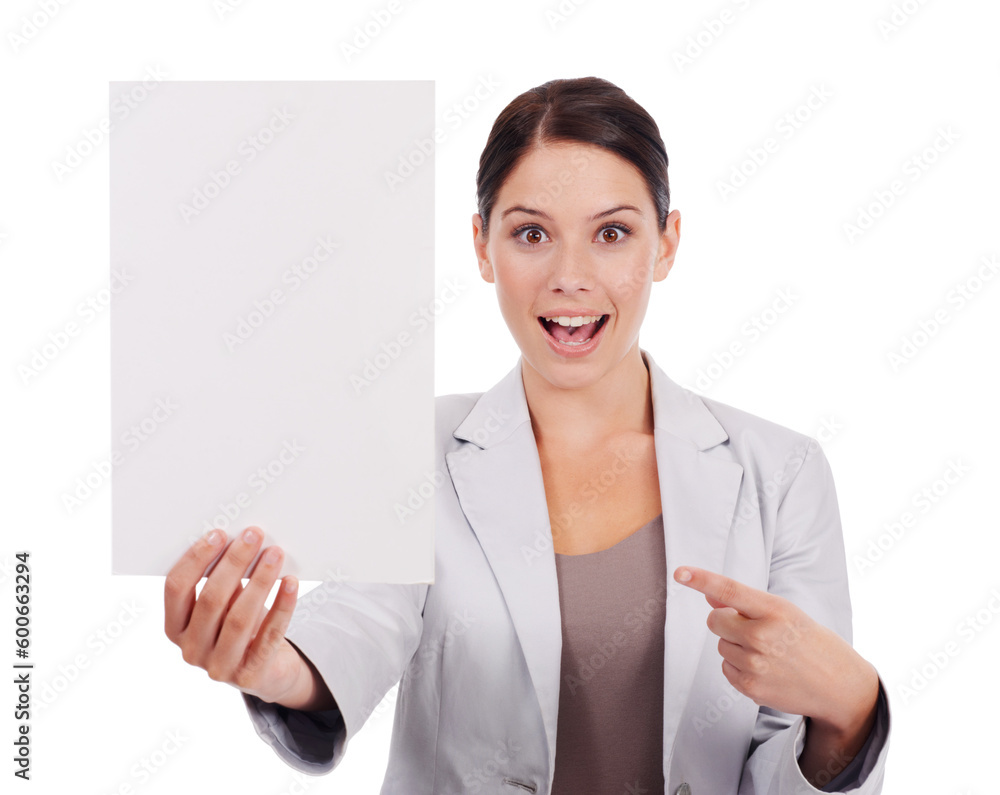 Portrait, mockup and woman with a paper, pointing and girl isolated ...