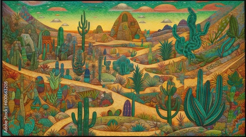  a painting of a desert landscape with cactus trees and rocks. generative ai