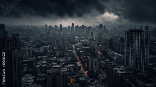  a dark cityscape with a dark sky and dark clouds. generative ai