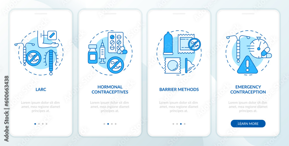 Contraception methods blue onboarding mobile app screen. Family planning walkthrough 4 steps editable graphic instructions with linear concepts. UI, UX template. Myriad Pro-Bold, Regular fonts used Contraception methods blue onboarding mobile app screen. Family planning walkthrough 4 steps editable graphic instructions with linear concepts. UI, UX template. Myriad Pro-Bold, Regular fonts used