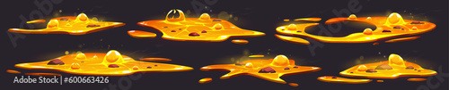 Hot liquid lava puddle fx with orange bubble 2d. Volcano liquid magma fire for game hell environment. Isolated yellow orange molten metal drip vfx cartoon icon element set. Foundry flowing steel