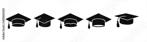 Graduation hat cap icons set. Academic cap. Graduation student black cap and diploma - stock vector.