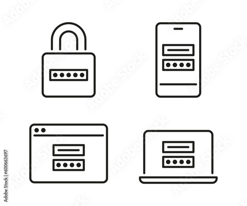 Security password, device lock technology, line icons set. Personal code on lock, smartphone, computer, account on site. Authorization security, secure key. Editable stroke. Vector