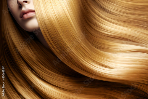 Beautiful blond girl with a perfectly smooth hair, classic make-up. Beauty face. Generative AI
